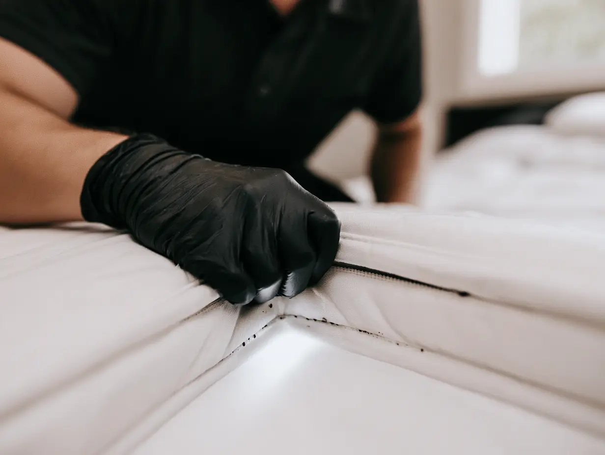Technician inspecting a mattress seam for bed bugs