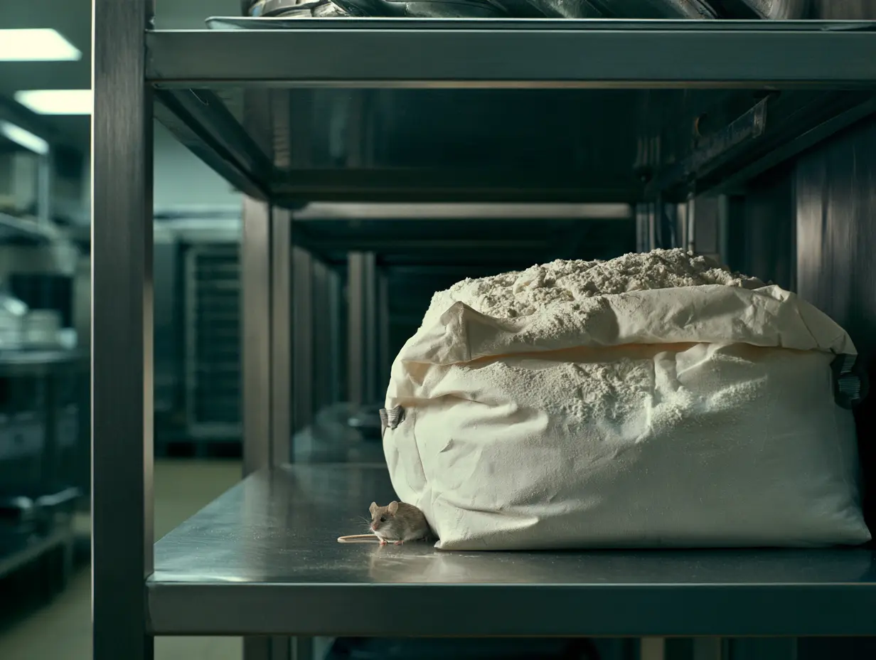 Mouse beside a flour sack in a commercial storage room