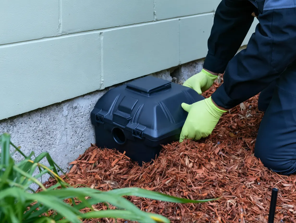 Technician placing a tamper-resistant rodent bait station against a foundation