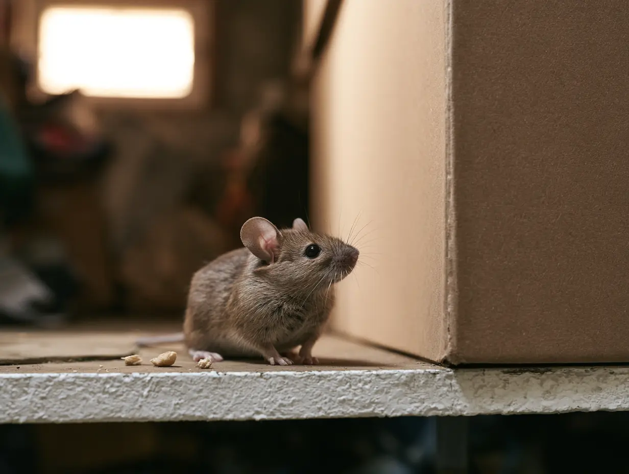 House mouse along a baseboard