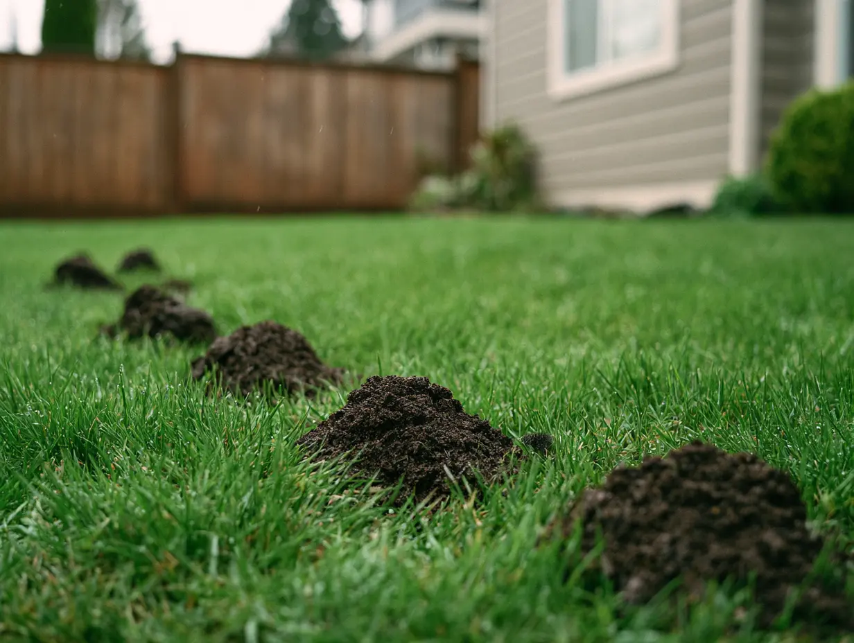 Fresh molehills across a lawn
