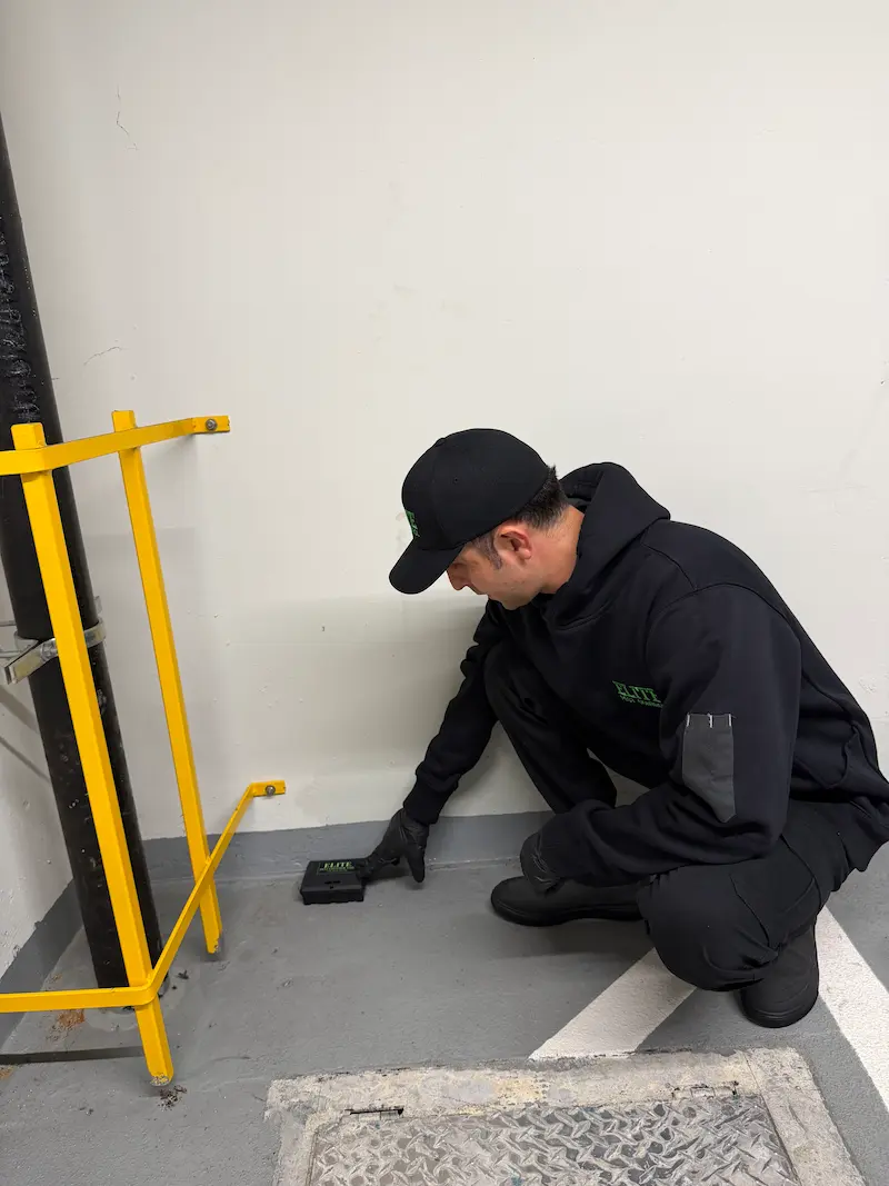 Elite Pest Control technician placing a rodent station indoors