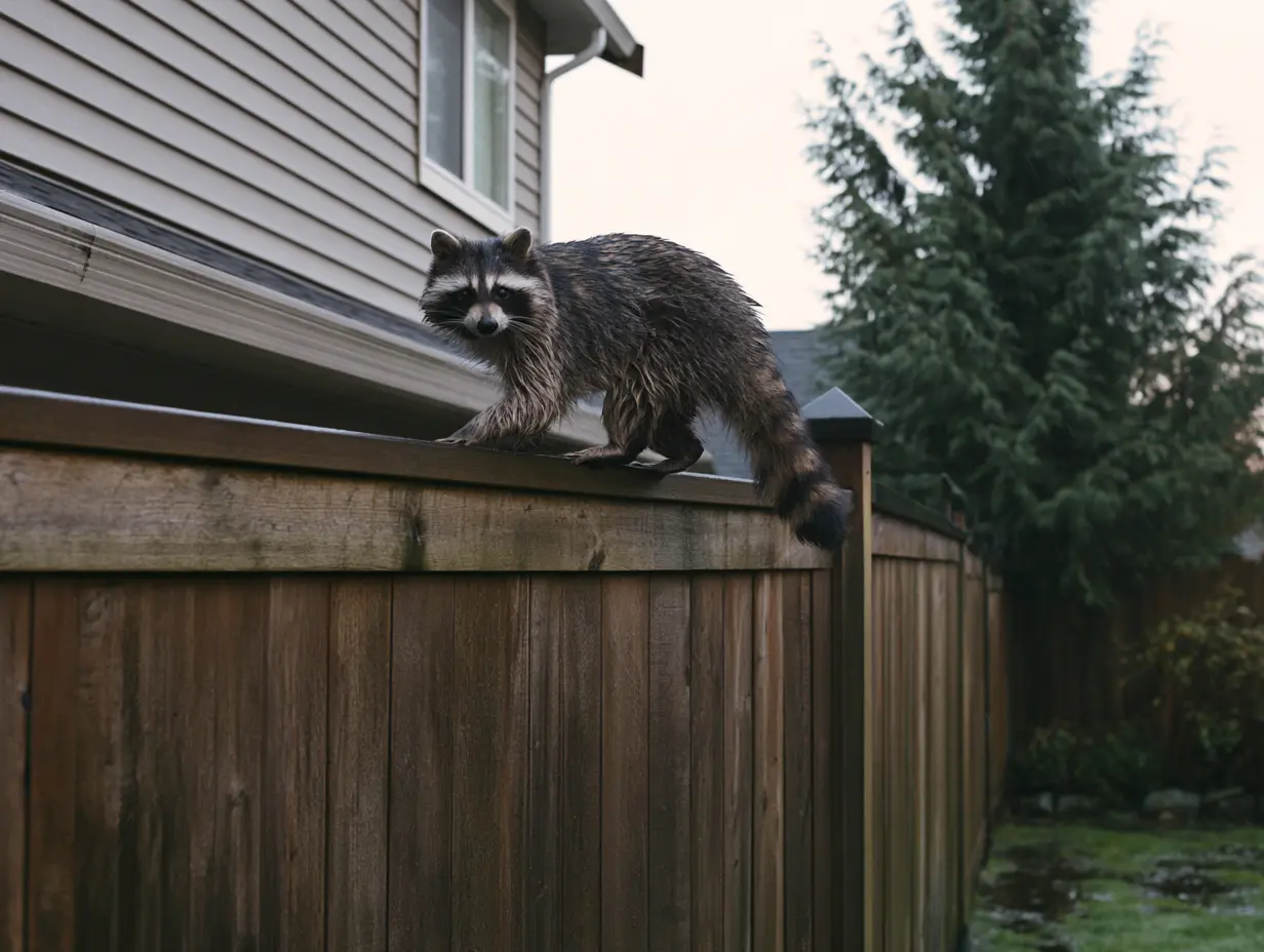 Raccoon on a backyard fence